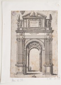 Arco trionfale con la personificazione dei quattro Continenti (da Descrittione degli apparati fatti in Bologna per la venuta di n. s. papa Clemente VIII, Bologna, Benacci, 1598)